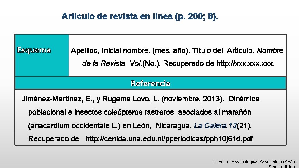 Artículo de revista en línea (p. 200; 8). Esquema Apellido, Inicial nombre. (mes, año).