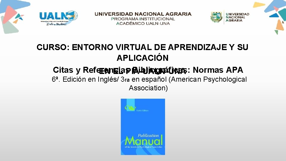 CURSO: ENTORNO VIRTUAL DE APRENDIZAJE Y SU APLICACIÓN Citas y Referencias Bibliográficas: Normas APA
