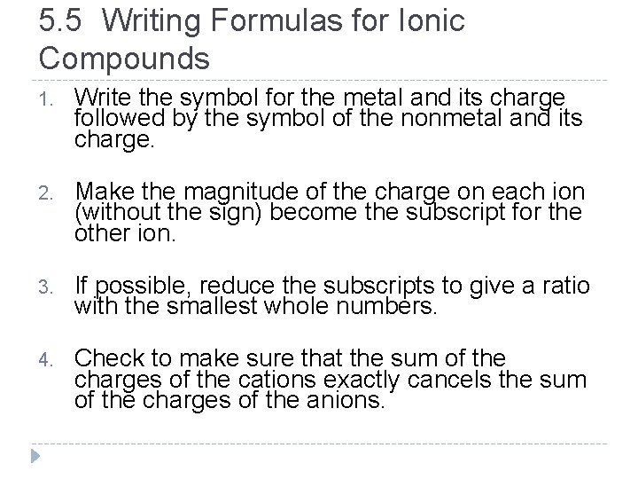 5. 5 Writing Formulas for Ionic Compounds 1. Write the symbol for the metal