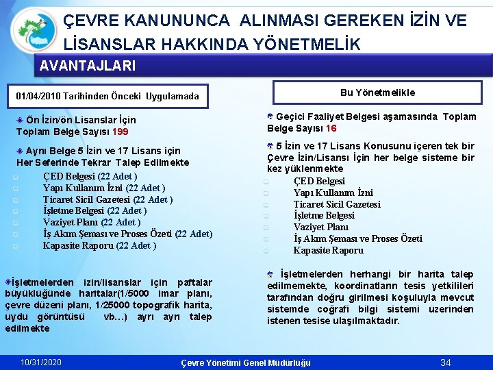 ÇEVRE KANUNUNCA ALINMASI GEREKEN İZİN VE LİSANSLAR HAKKINDA YÖNETMELİK AVANTAJLARI Bu Yönetmelikle 01/04/2010 Tarihinden