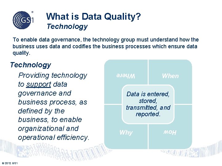 What is Data Quality? Technology To enable data governance, the technology group must understand
