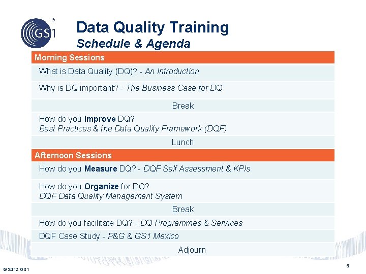 Data Quality Training Schedule & Agenda Morning Sessions What is Data Quality (DQ)? -