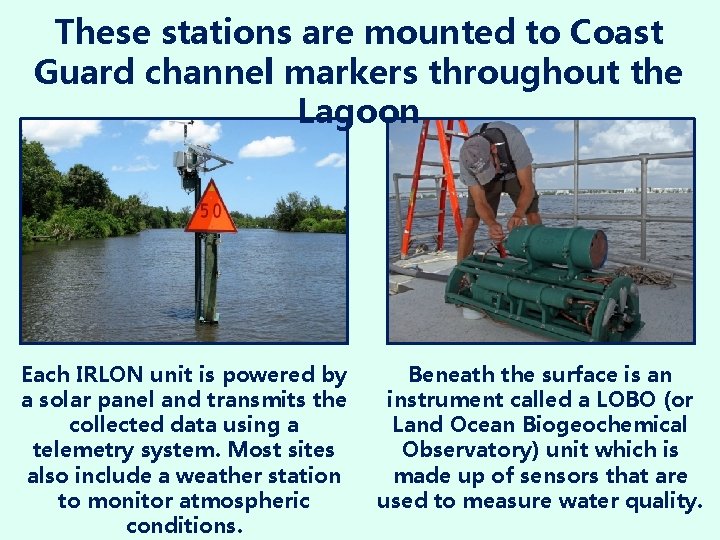 These stations are mounted to Coast Guard channel markers throughout the Lagoon Each IRLON