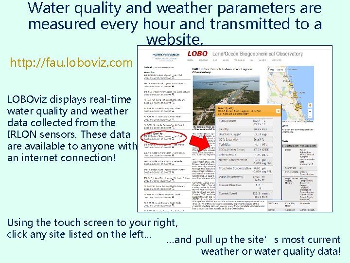 Water quality and weather parameters are measured every hour and transmitted to a website.