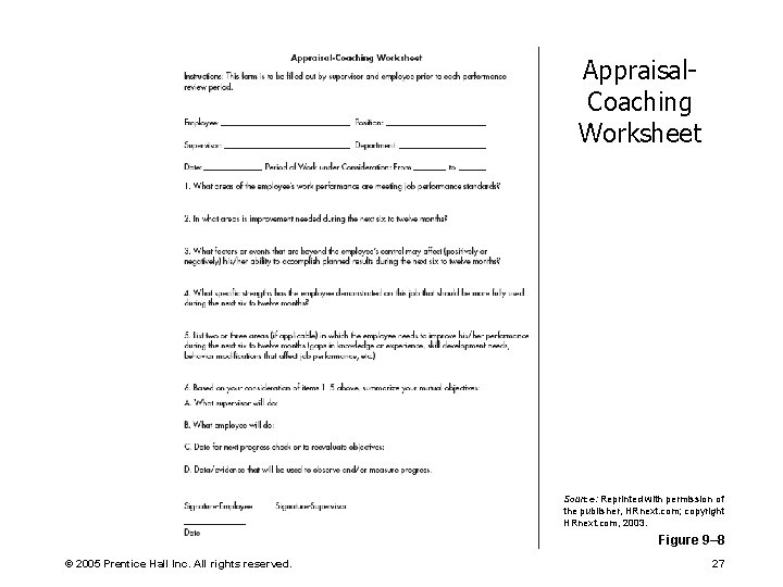 Appraisal. Coaching Worksheet Source: Reprinted with permission of the publisher, HRnext. com; copyright HRnext.