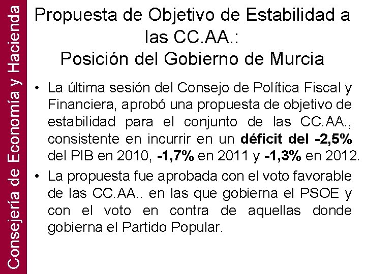 Consejería de Economía y Hacienda Propuesta de Objetivo de Estabilidad a las CC. AA.