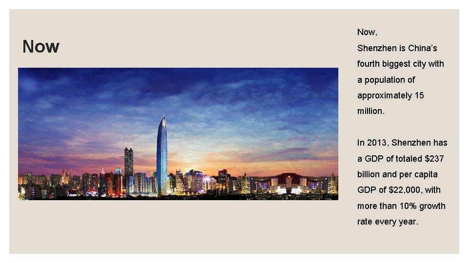 Now Now, Shenzhen is China’s fourth biggest city with a population of approximately 15