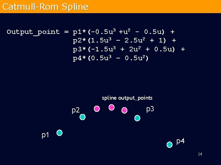 Catmull-Rom Spline Output_point = p 1*(-0. 5 u 3 +u 2 - 0. 5