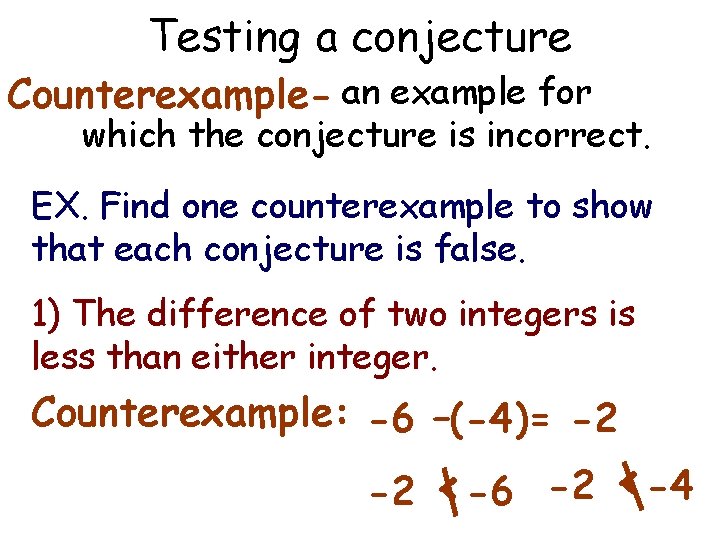 Testing a conjecture Counterexample- an example for which the conjecture is incorrect. EX. Find