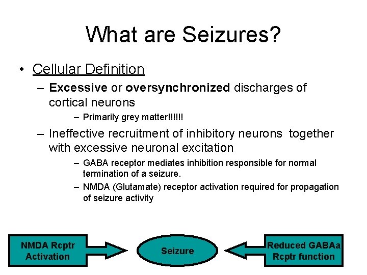 What are Seizures? • Cellular Definition – Excessive or oversynchronized discharges of cortical neurons