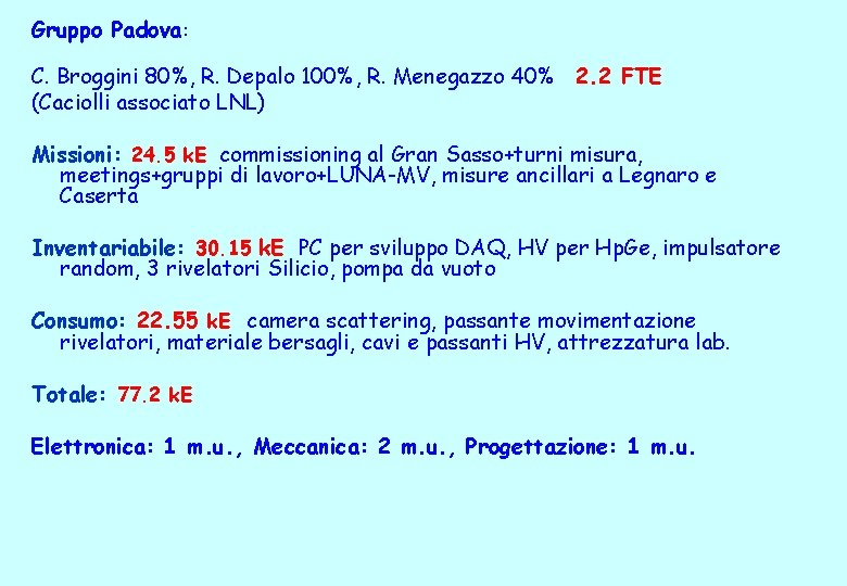 Gruppo Padova: C. Broggini 80%, R. Depalo 100%, R. Menegazzo 40% 2. 2 FTE