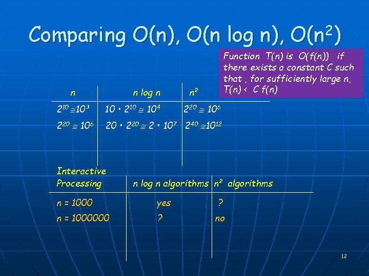 Comparing O(n), O(n log n), O(n 2) n n log n Function T(n) is