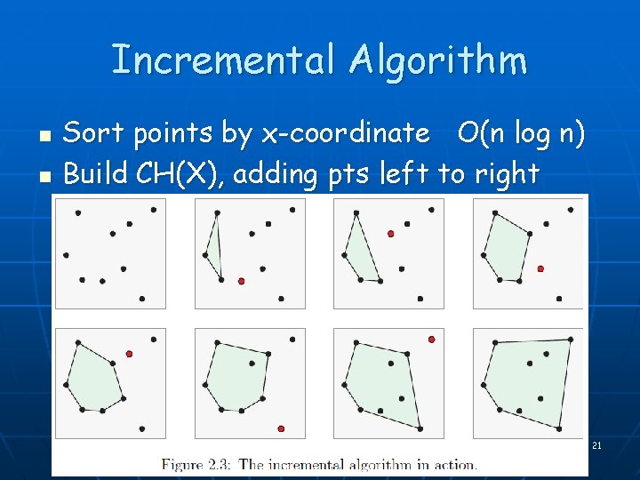 Incremental Algorithm n n Sort points by x-coordinate O(n log n) Build CH(X), adding