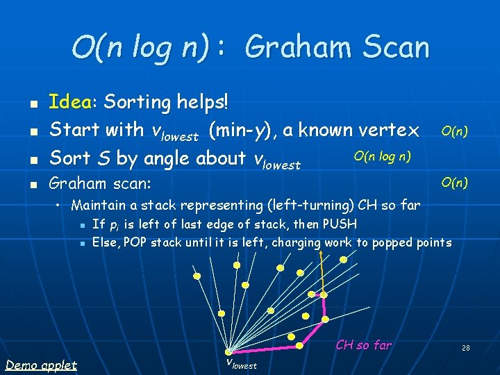 O(n log n) : Graham Scan n n Idea: Sorting helps! Start with vlowest