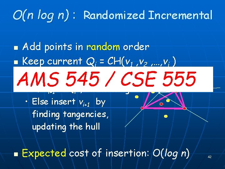 O(n log n) : Randomized Incremental n n Add points in random order Keep