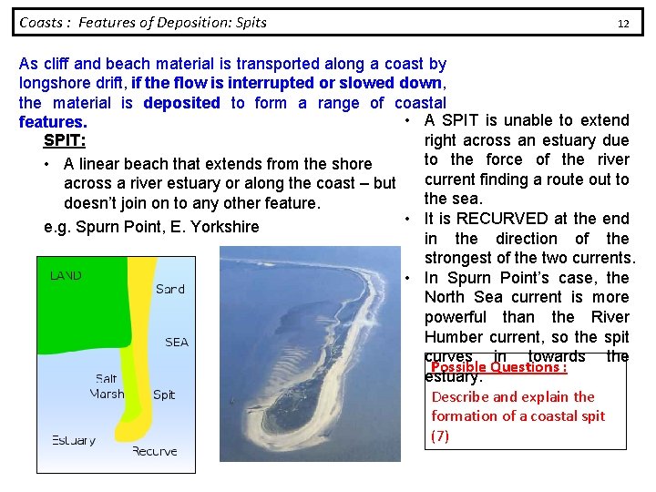 Coasts : Features of Deposition: Spits 12 As cliff and beach material is transported