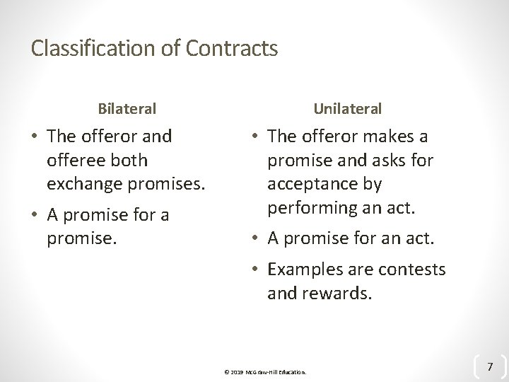 Classification of Contracts Bilateral • The offeror and offeree both exchange promises. • A