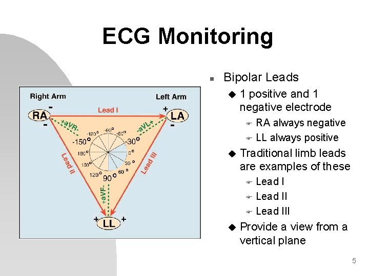 ECG Monitoring n Bipolar Leads u 1 positive and 1 negative electrode RA always