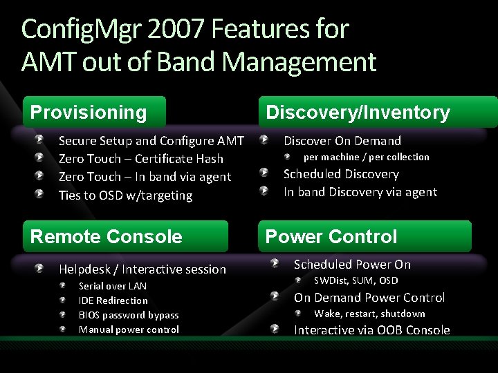 Config. Mgr 2007 Features for AMT out of Band Management Provisioning Secure Setup and
