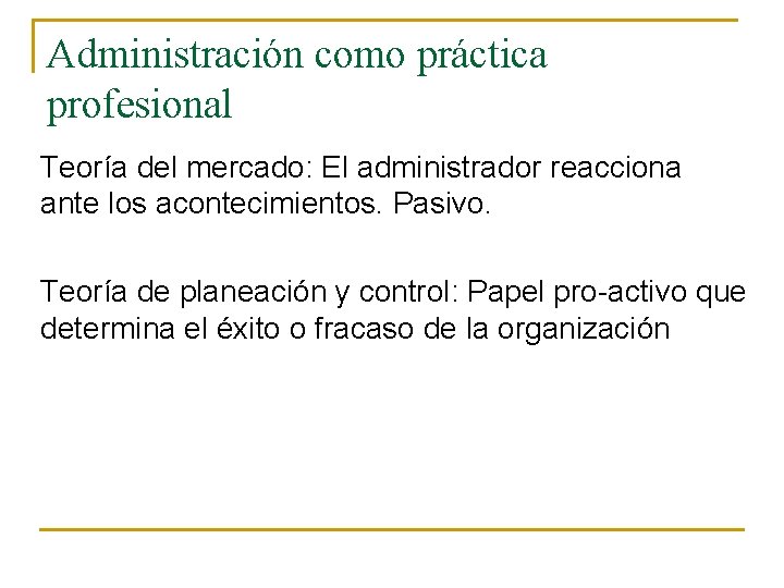 Administración como práctica profesional Teoría del mercado: El administrador reacciona ante los acontecimientos. Pasivo.