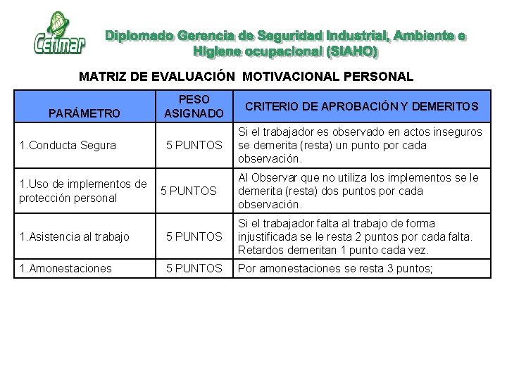 MATRIZ DE EVALUACIÓN MOTIVACIONAL PERSONAL PARÁMETRO 1. Conducta Segura 1. Uso de implementos de MATRIZ DE EVALUACIÓN MOTIVACIONAL PERSONAL PARÁMETRO 1. Conducta Segura 1. Uso de implementos de