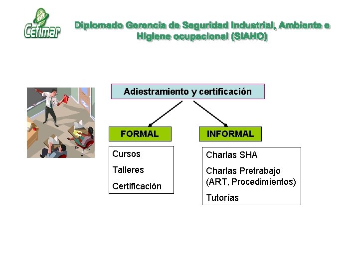 Adiestramiento y certificación FORMAL INFORMAL Cursos Charlas SHA Talleres Charlas Pretrabajo (ART, Procedimientos) Certificación Adiestramiento y certificación FORMAL INFORMAL Cursos Charlas SHA Talleres Charlas Pretrabajo (ART, Procedimientos) Certificación