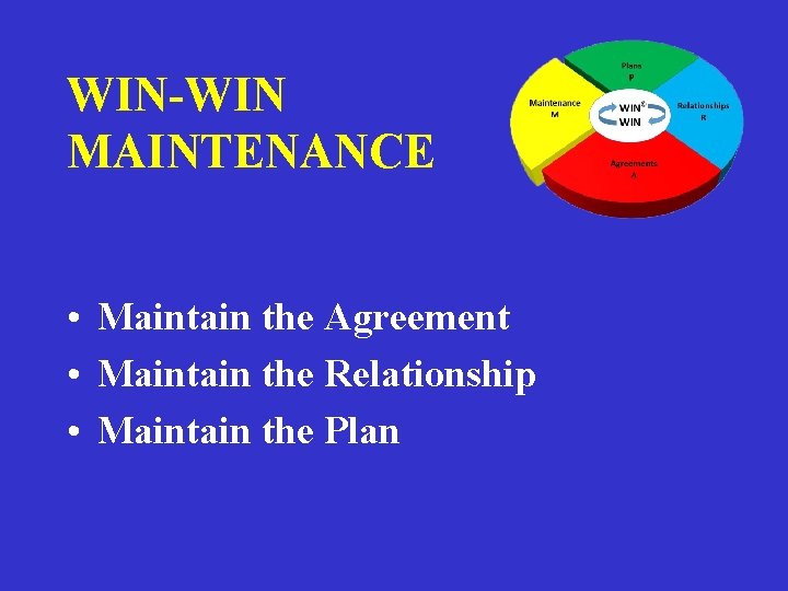 WIN-WIN MAINTENANCE • Maintain the Agreement • Maintain the Relationship • Maintain the Plan