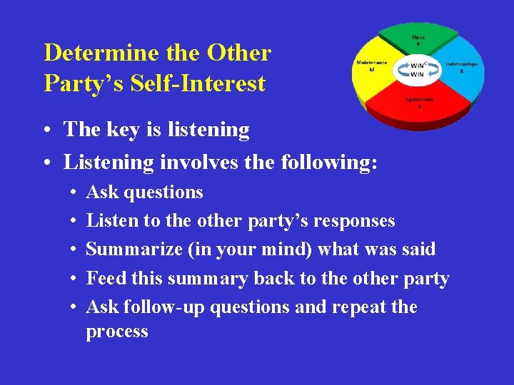 Determine the Other Party’s Self-Interest • The key is listening • Listening involves the