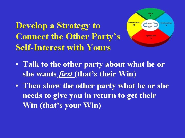 Develop a Strategy to Connect the Other Party’s Self-Interest with Yours • Talk to