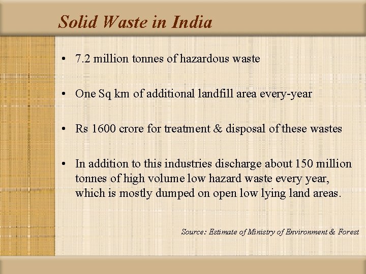 Solid Waste in India • 7. 2 million tonnes of hazardous waste • One