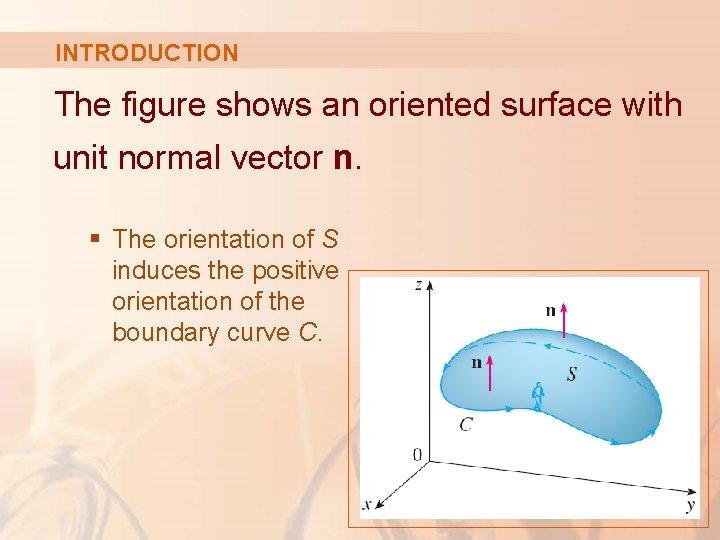 INTRODUCTION The figure shows an oriented surface with unit normal vector n. § The INTRODUCTION The figure shows an oriented surface with unit normal vector n. § The