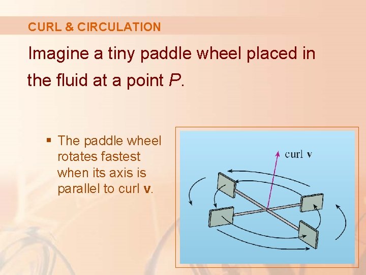 CURL & CIRCULATION Imagine a tiny paddle wheel placed in the fluid at a CURL & CIRCULATION Imagine a tiny paddle wheel placed in the fluid at a
