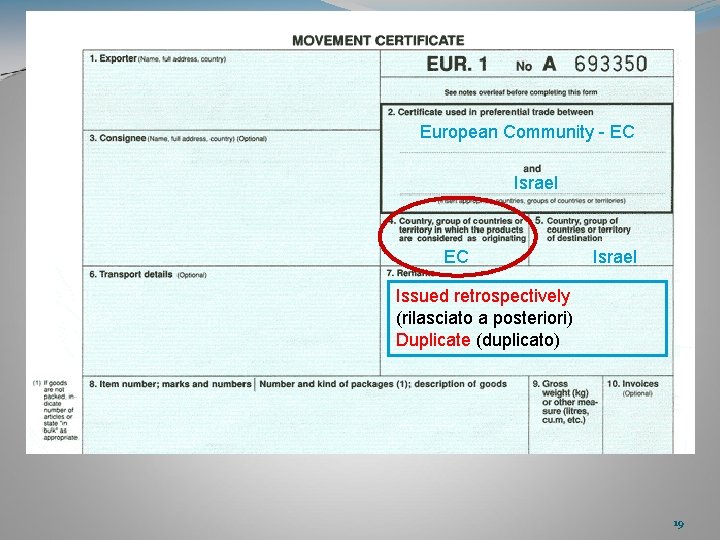 European Community - EC Israel Issued retrospectively (rilasciato a posteriori) Duplicate (duplicato) 19 