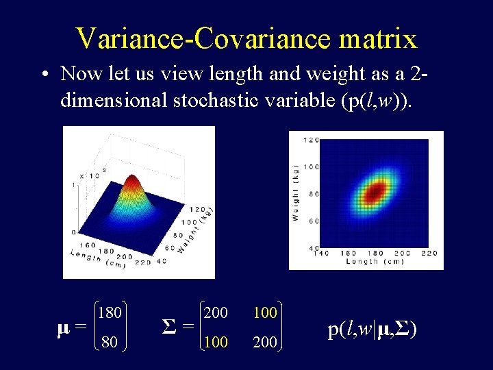Variance-Covariance matrix • Now let us view length and weight as a 2 dimensional