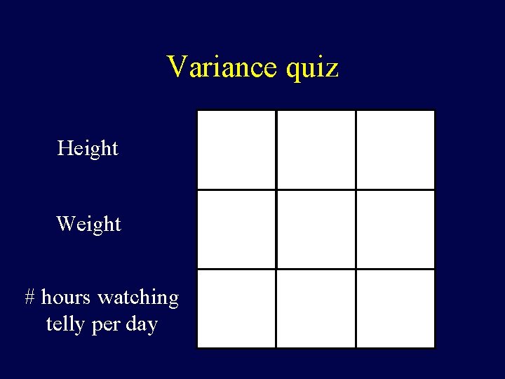Variance quiz Height Weight # hours watching telly per day 