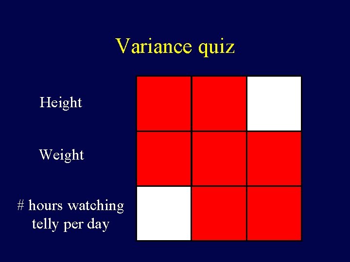 Variance quiz Height Weight # hours watching telly per day 