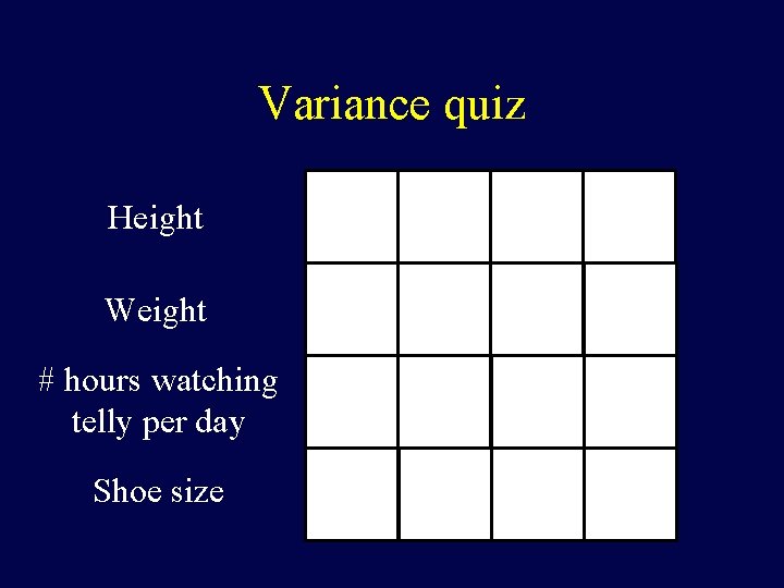 Variance quiz Height Weight # hours watching telly per day Shoe size 