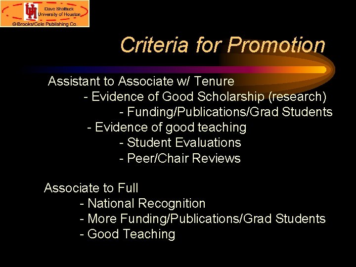 Criteria for Promotion Assistant to Associate w/ Tenure - Evidence of Good Scholarship (research)
