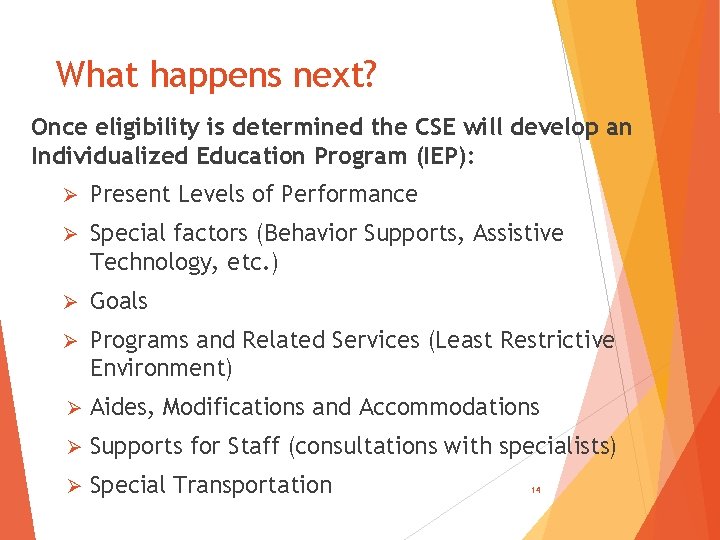 What happens next? Once eligibility is determined the CSE will develop an Individualized Education What happens next? Once eligibility is determined the CSE will develop an Individualized Education