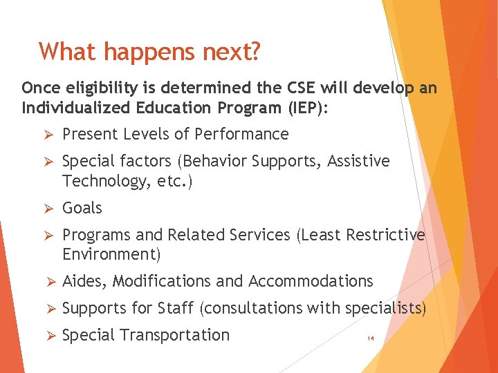 What happens next? Once eligibility is determined the CSE will develop an Individualized Education