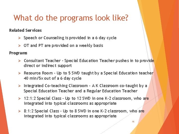 What do the programs look like? Related Services Ø Speech or Counseling is provided What do the programs look like? Related Services Ø Speech or Counseling is provided