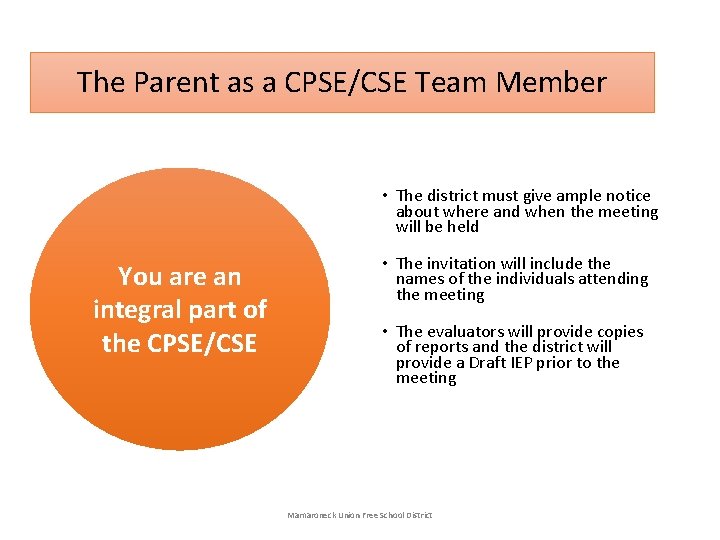 The Parent as a CPSE/CSE Team Member • The district must give ample notice The Parent as a CPSE/CSE Team Member • The district must give ample notice