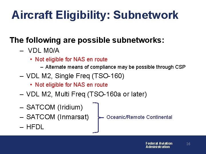 Aircraft Eligibility: Subnetwork The following are possible subnetworks: – VDL M 0/A • Not Aircraft Eligibility: Subnetwork The following are possible subnetworks: – VDL M 0/A • Not