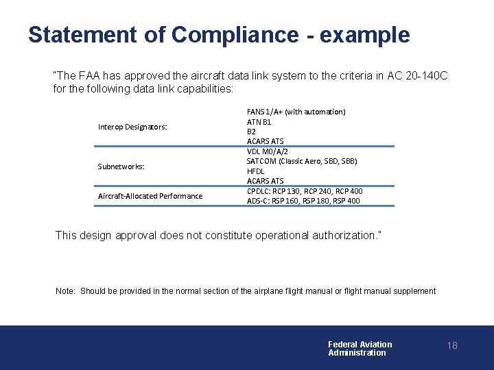 Statement of Compliance - example “The FAA has approved the aircraft data link system Statement of Compliance - example “The FAA has approved the aircraft data link system