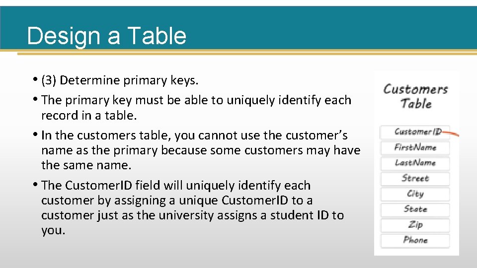 Design a Table • (3) Determine primary keys. • The primary key must be