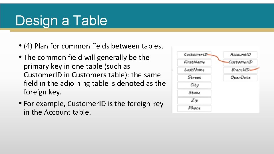 Design a Table • (4) Plan for common fields between tables. • The common