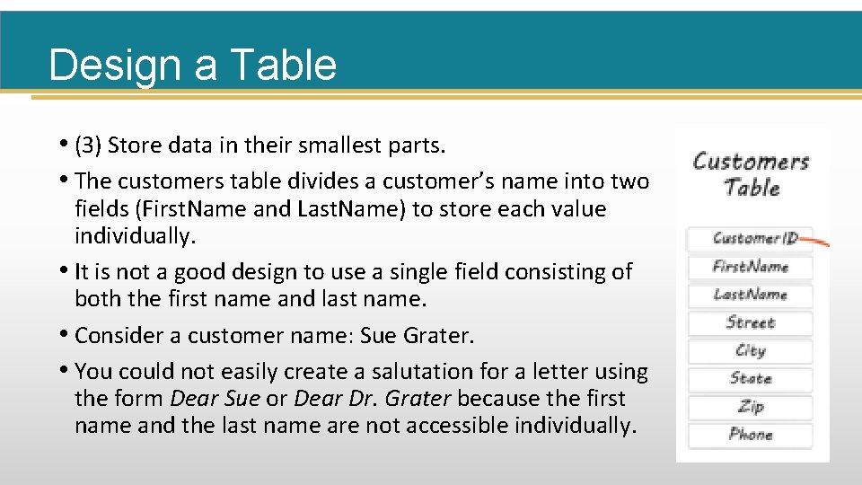 Design a Table • (3) Store data in their smallest parts. • The customers