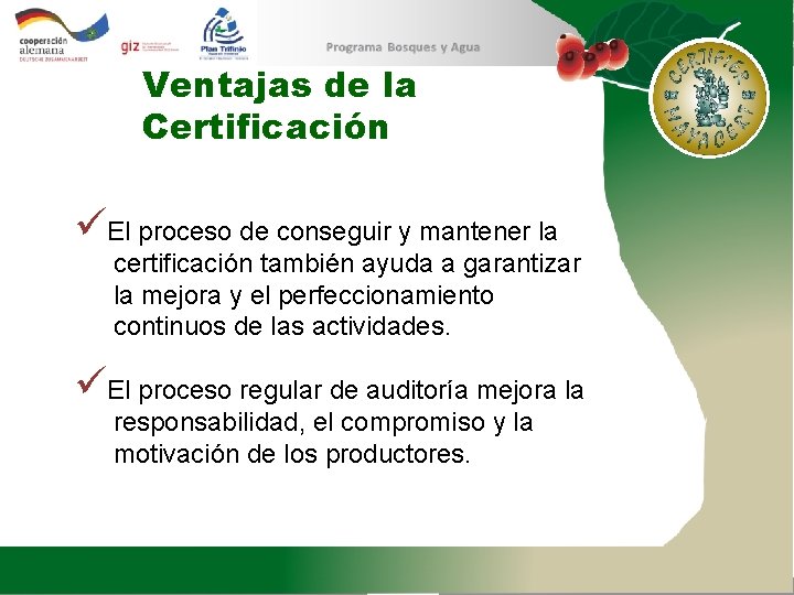 Ventajas de la Certificación üEl proceso de conseguir y mantener la certificación también ayuda