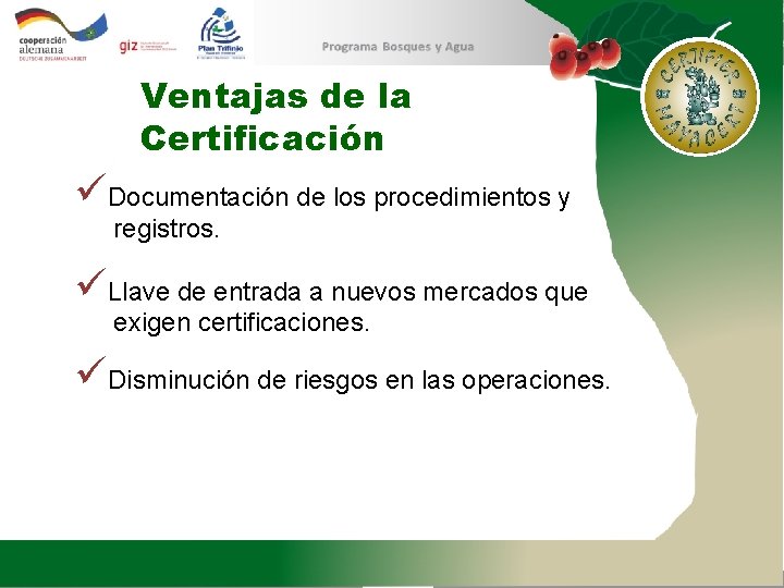 Ventajas de la Certificación üDocumentación de los procedimientos y registros. üLlave de entrada a