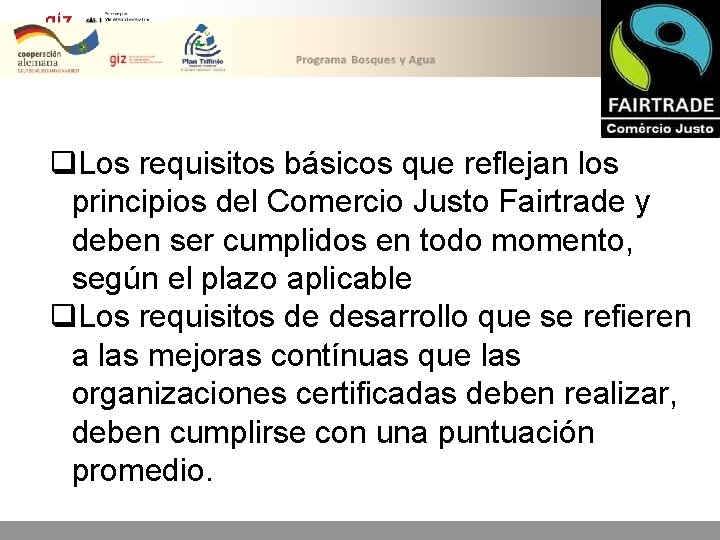 q. Los requisitos básicos que reflejan los principios del Comercio Justo Fairtrade y deben